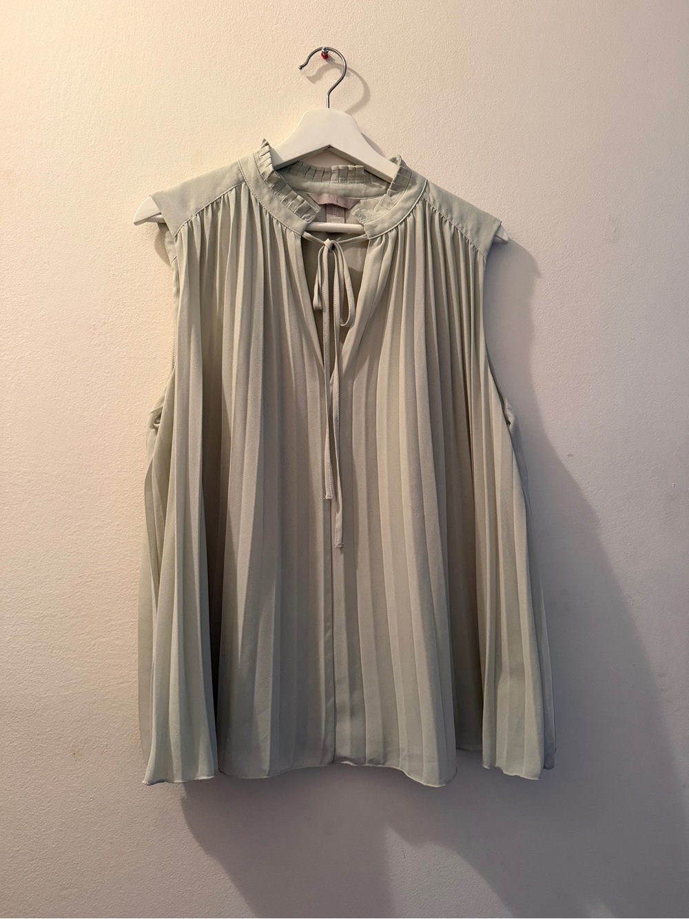 H&M Light Sage Pleated Sleeveless Tie-Neck Blouse